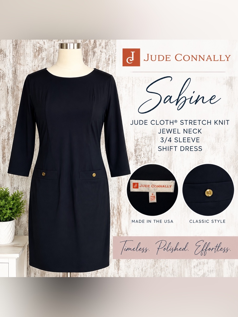 Jude Connally Sabine Jude Cloth Stretch Knit Shift Dress Navy Size S USA Made